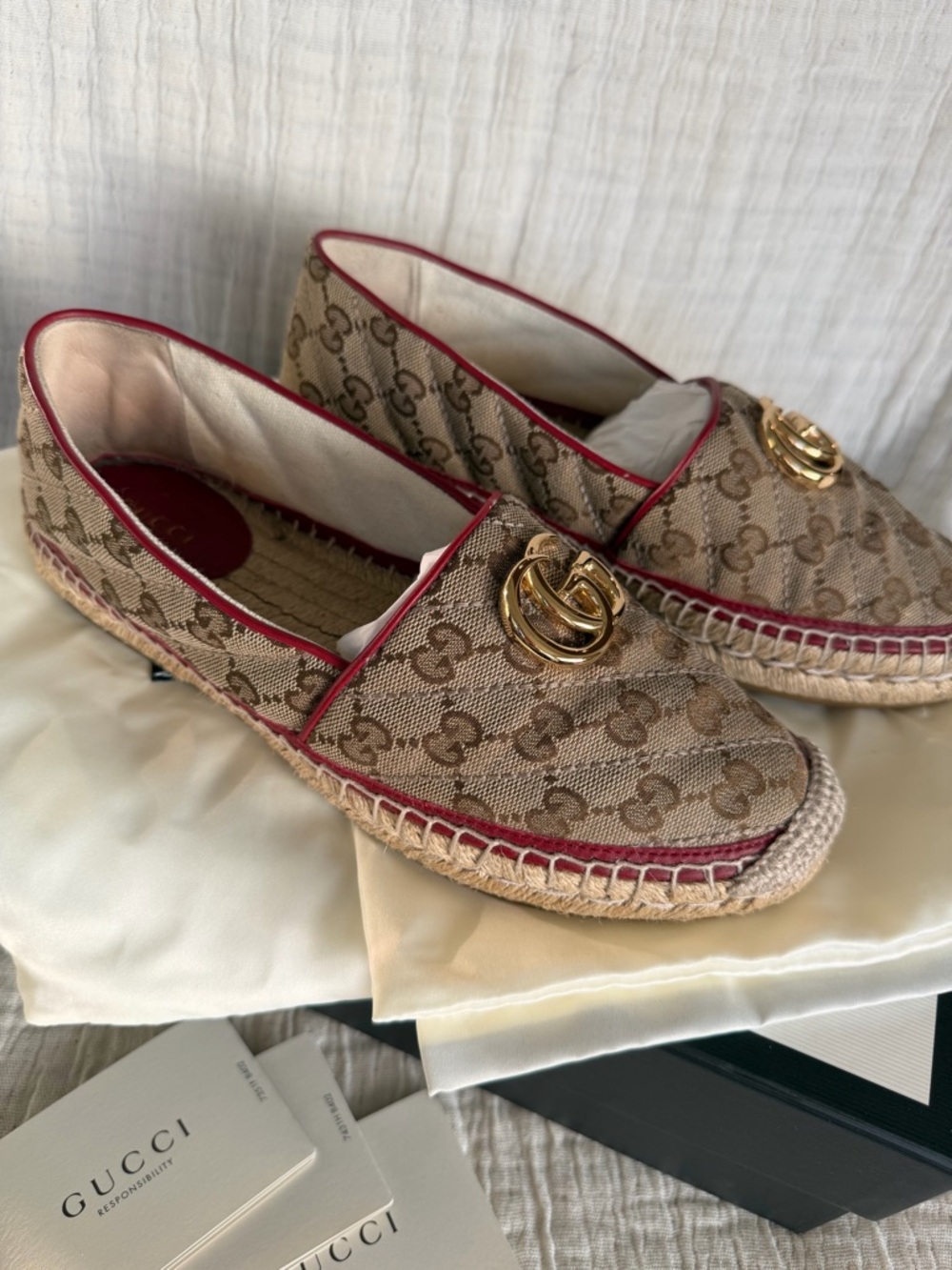 Gucci GG Canvas Espadrille Loafers with Red Trim and Gold Hardware